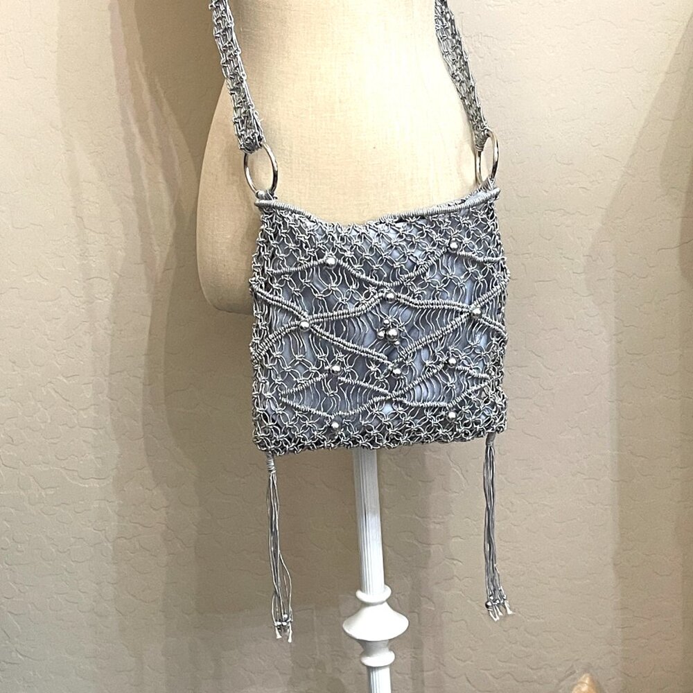 Crossbody Bag Macrame Crochet Beaded Fringe Silver Purse - Picture 2 of 9